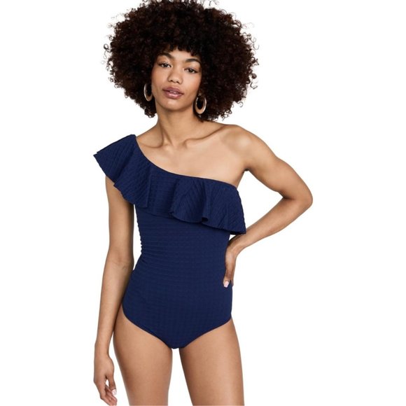 Shoshanna Women's Standard Shoulder Ruffle One Piece Swimsuit Navy Size 2 NWT - Picture 1 of 4